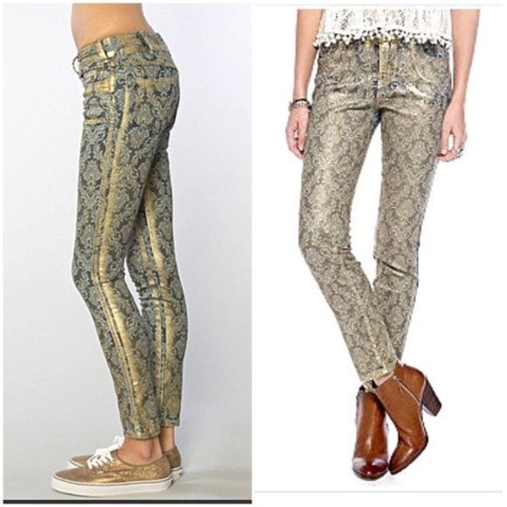 Free People Gold Foil Brocade Jeans NWT